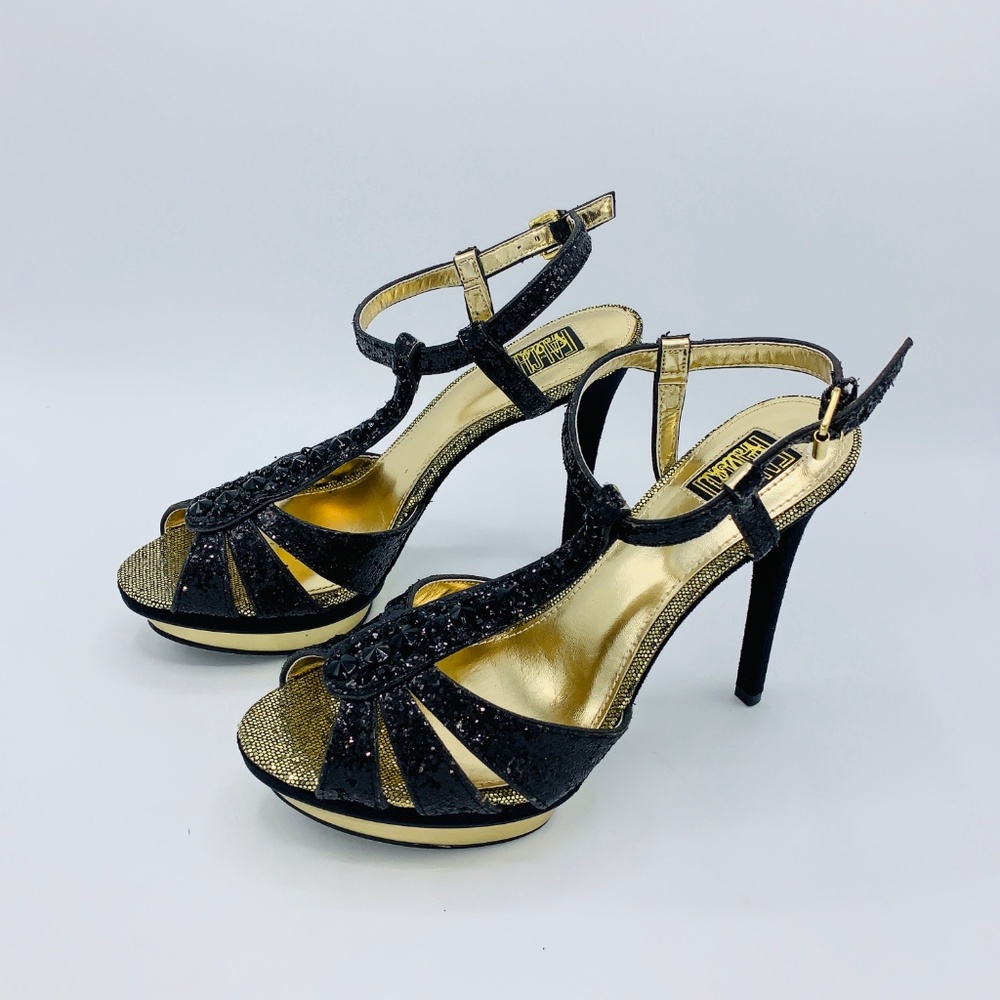 Falchi Natalie Women's Black/Gold Peep Toe Heels - Picture 4 of 6